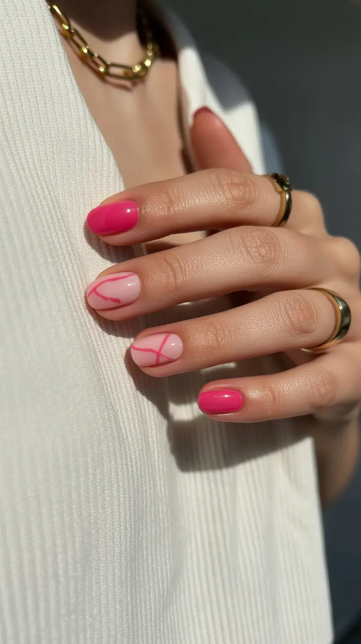 glam spring gel nails 2026 Hot Pink Short with Minimal Line Accent