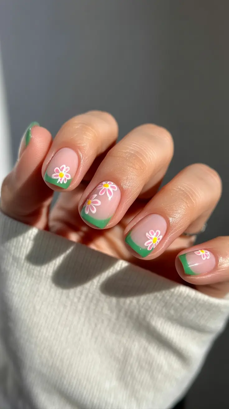 glam spring gel nails 2026 Green French Short with Daisy Accents