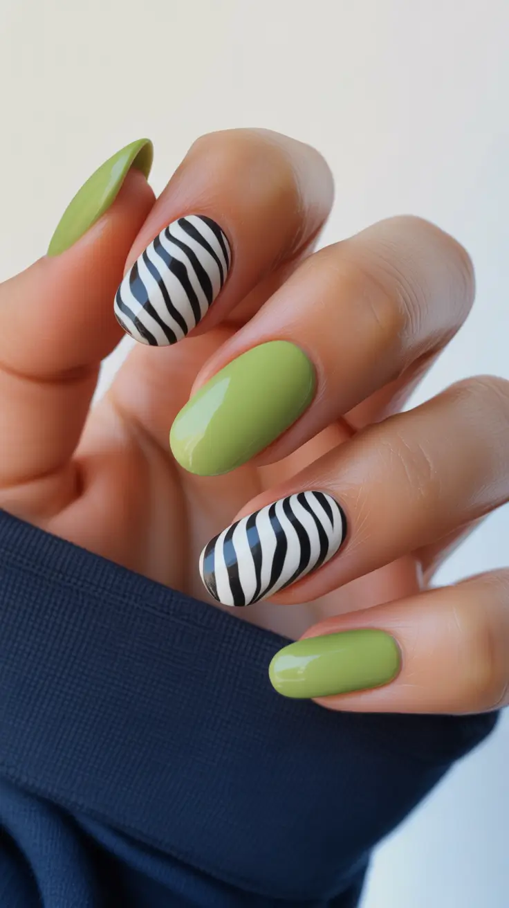 glam spring gel nails 2026 Olive Green and Zebra Almond Contrast