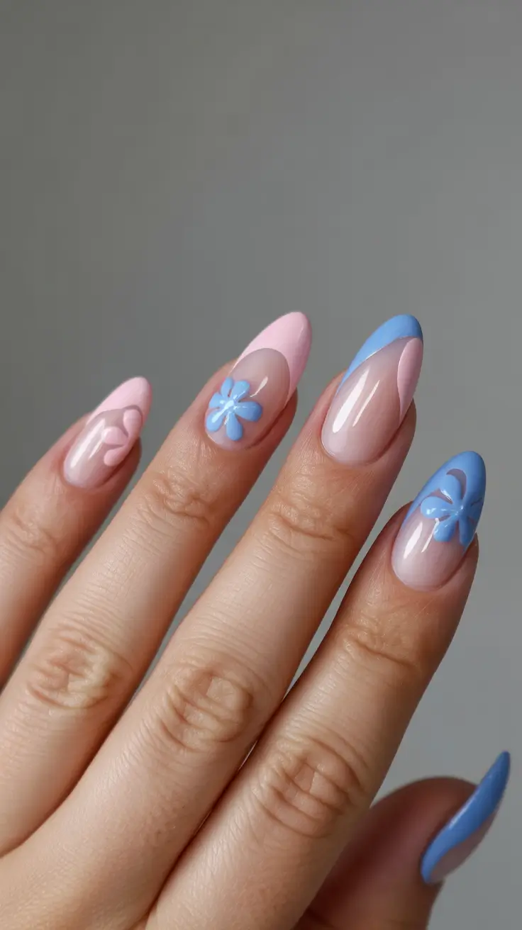 glam spring gel nails 2026 Soft Pink and Blue Floral Almond Blend