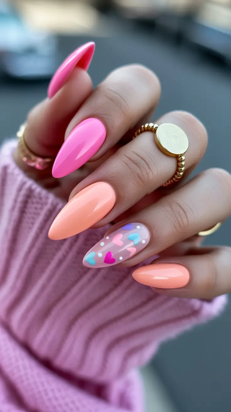 glam spring gel nails 2026 Juicy Pink and Peach Almond with Playful Hearts