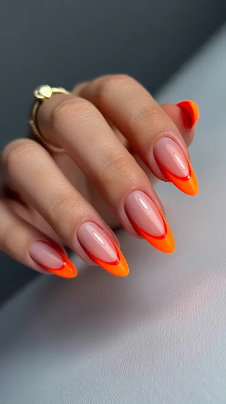 glam spring gel nails 2026 Neon Orange Double French Almond
