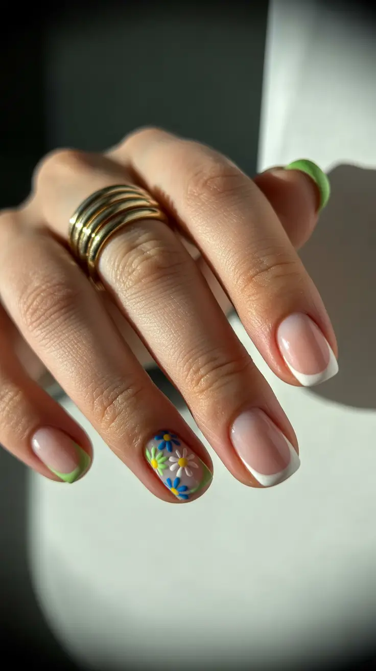 glam spring gel nails 2026 Soft French Short with Blue Daisy Accent