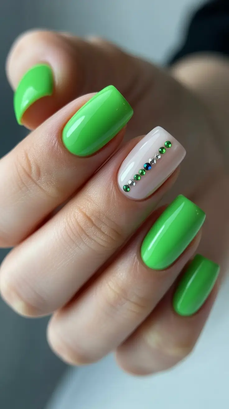glam spring gel nails 2026 Neon Green Short with Crystal Line Accent