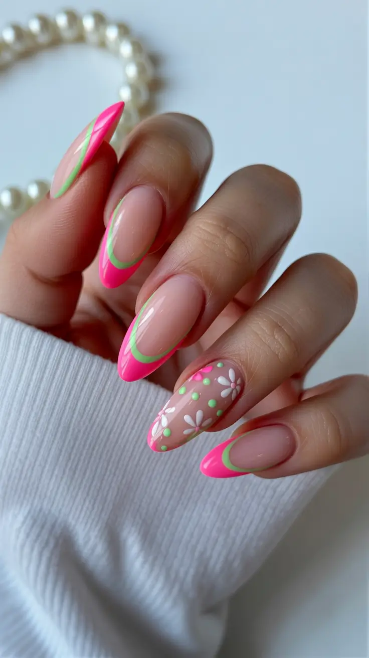 glam spring gel nails 2026 Neon Pink French with Green Outline Florals