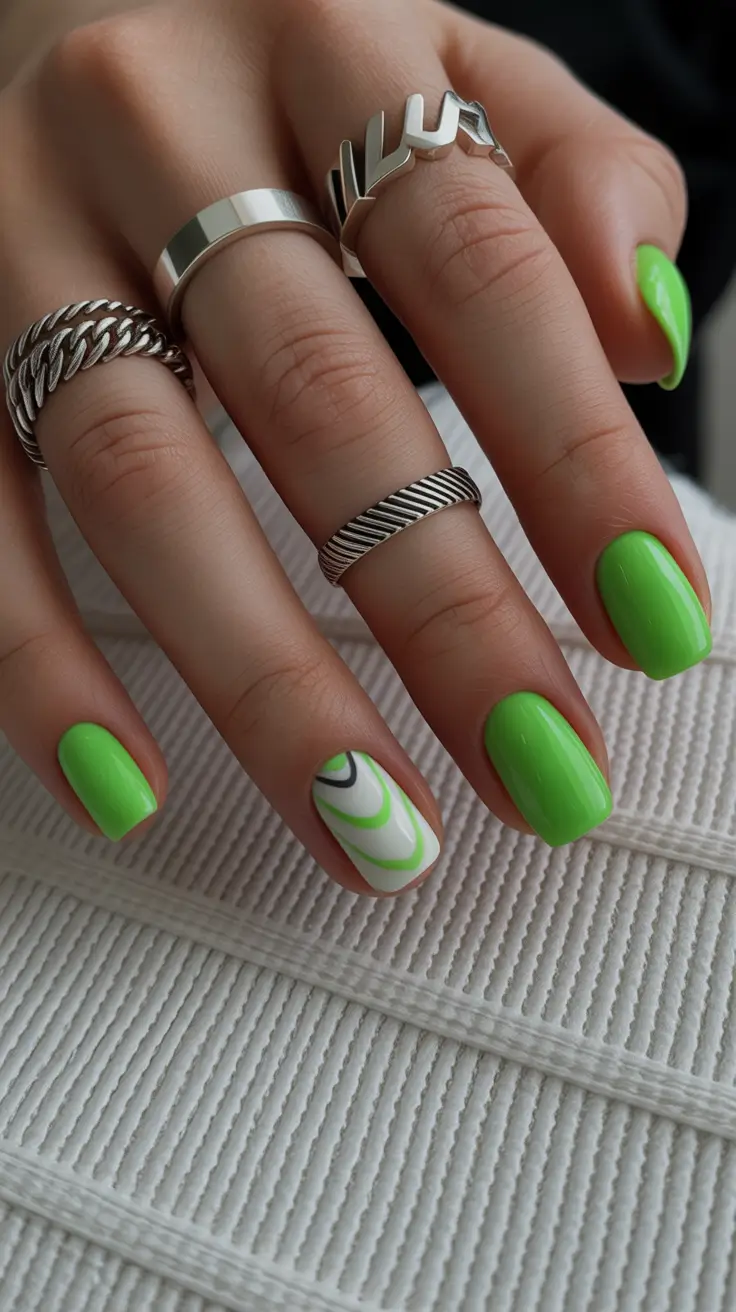 glam spring gel nails 2026 Glossy Lime Short with Graphic Accent Swirl