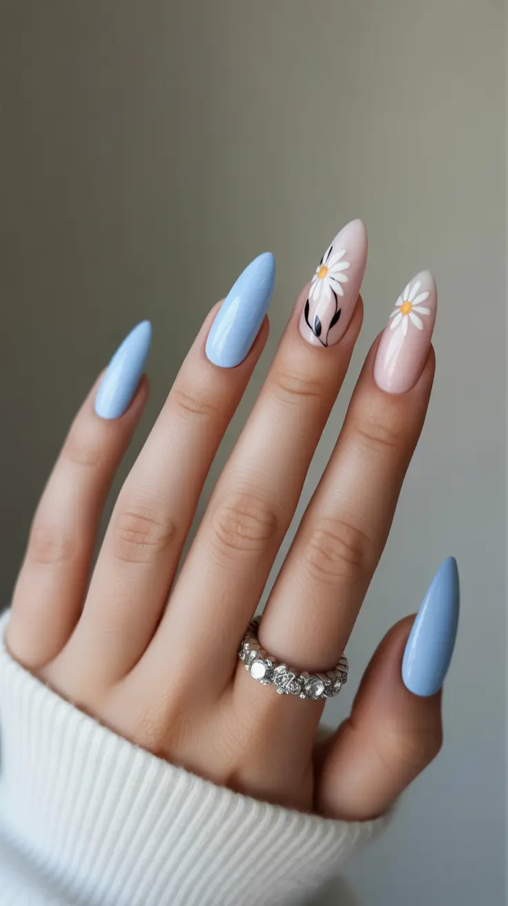 glam spring gel nails 2026 Sky Blue Almond with Soft Daisy Detailing