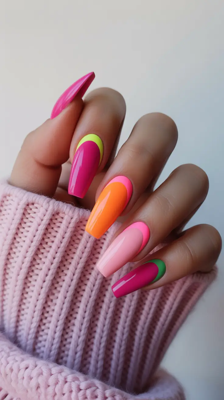glam spring gel nails 2026 Neon Color Block Almond in Pink and Citrus