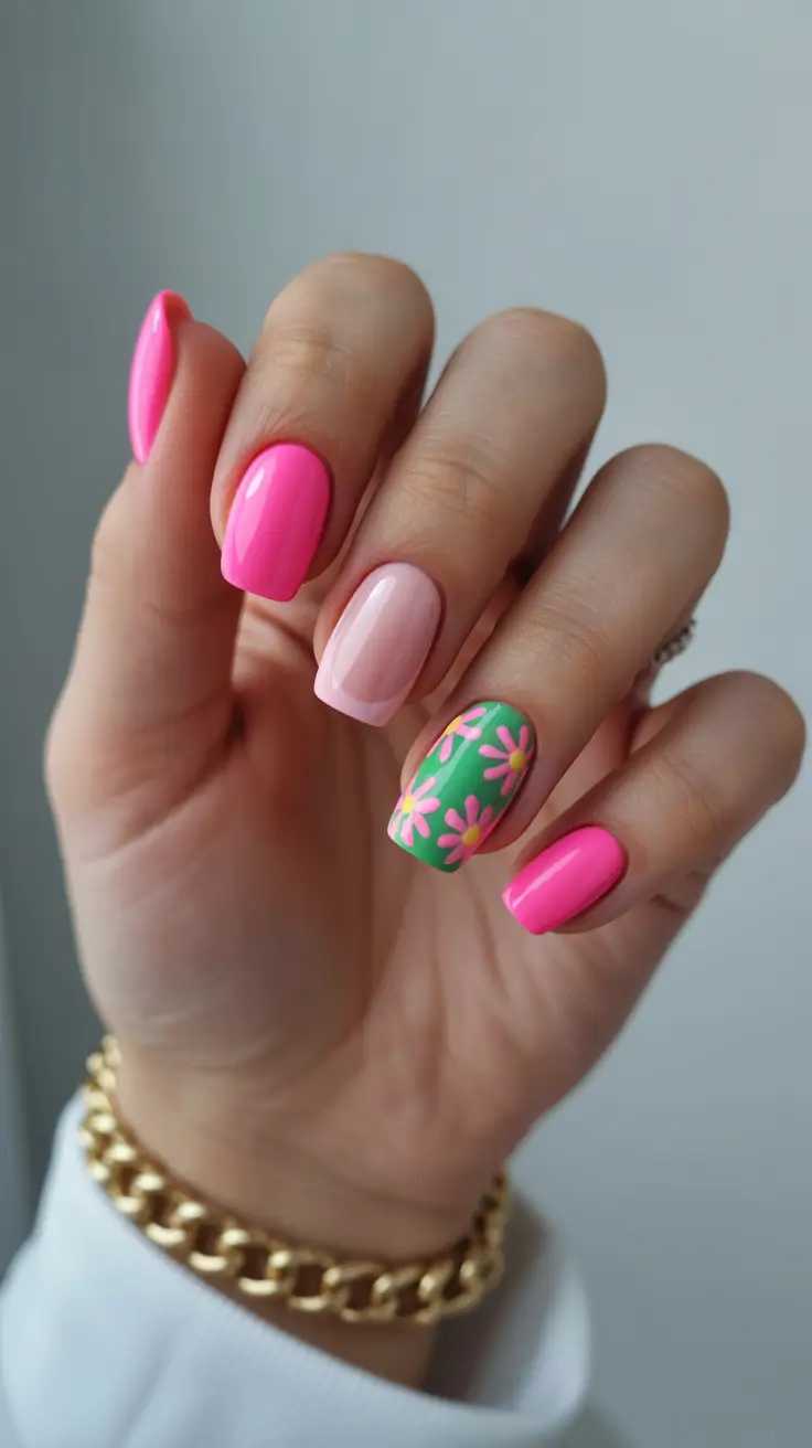 glam spring gel nails 2026 Hot Pink Short with Green Floral Accent