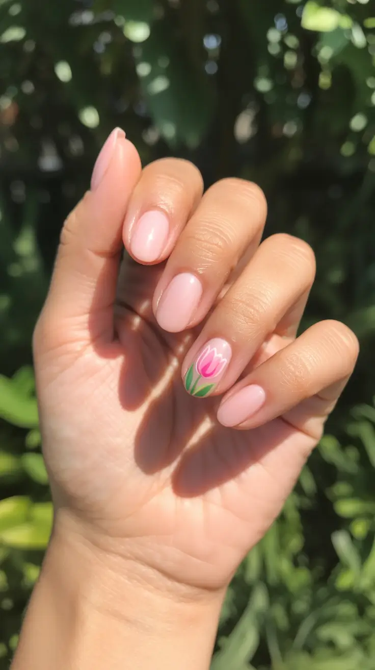 minimalist spring oval nails 2026 Soft Tulip Accent On Blush Pink