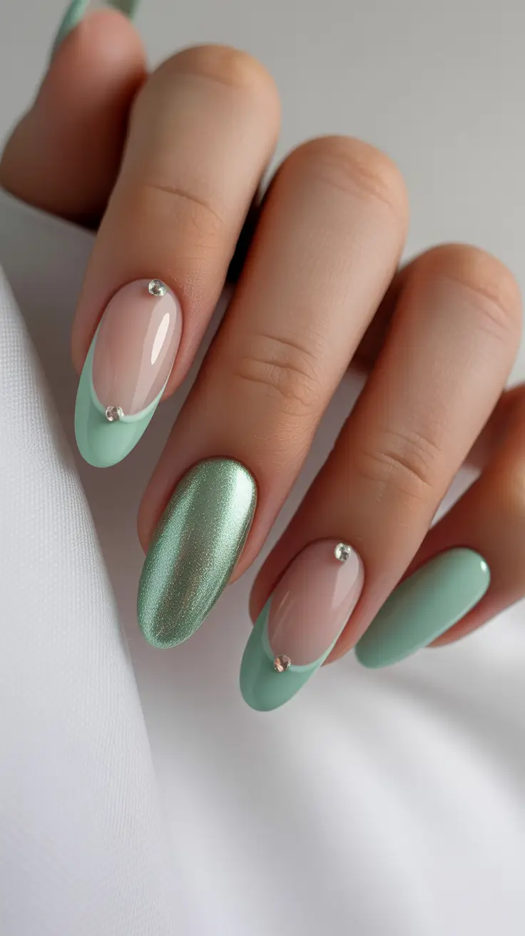 minimalist spring oval nails 2026 Mint French Glow With Subtle Chrome Accents