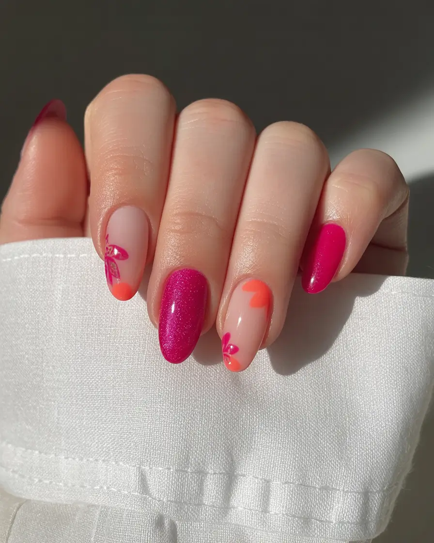 minimalist spring oval nails 2026 Hot Pink And Tangerine Blooms With Playful Energy