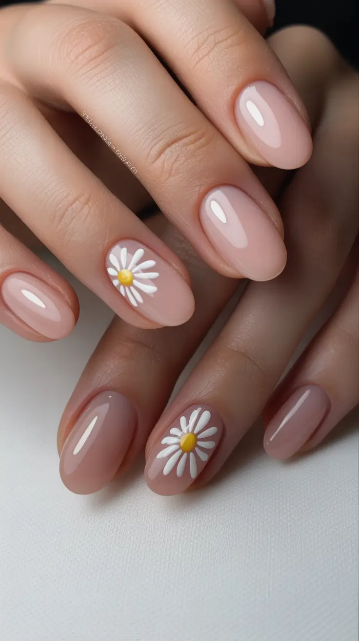 minimalist spring oval nails 2026 Soft Nude Daisies For a Gentle Spring Touch