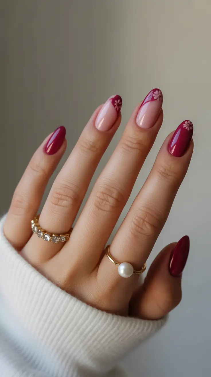 minimalist spring oval nails 2026 Deep Berry Florals With a Modern Twist