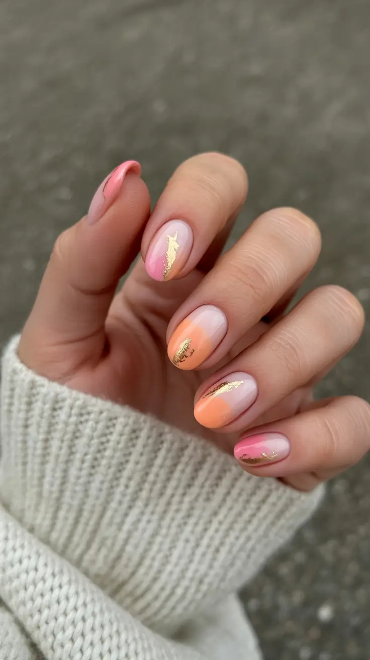 minimalist spring oval nails 2026 Peachy Brushstrokes With Gold Leaf Highlights