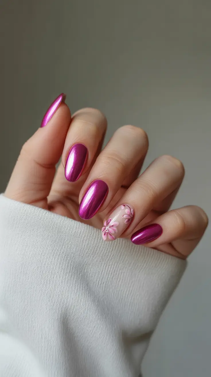 minimalist spring oval nails 2026 Violet Chrome Glow With Delicate Floral Accent