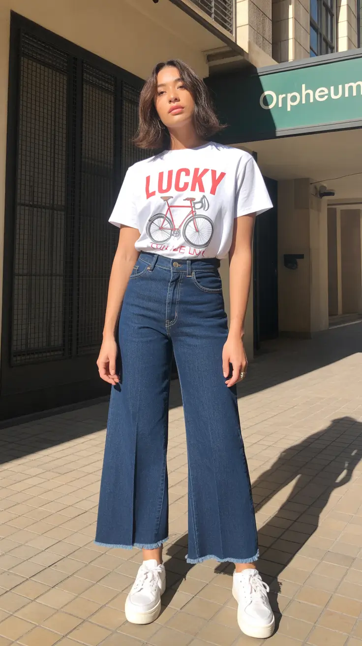 spring jeans outfit 2026 Retro Graphic Tee With Structured Wide-Leg Denim