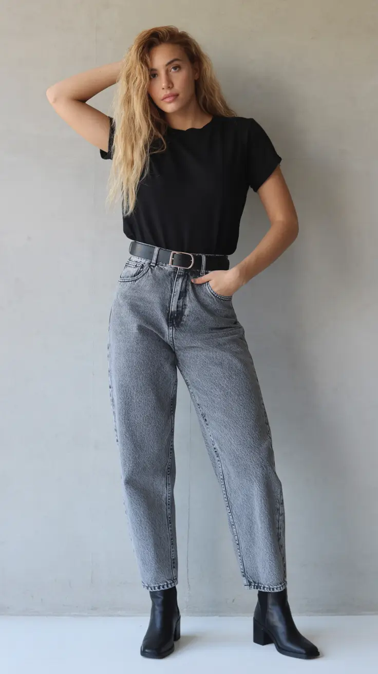 spring jeans outfit 2026 Monochrome Ease With Washed Gray Denim