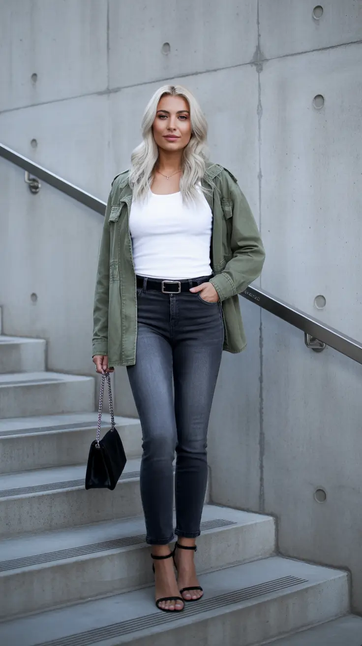 spring jeans outfit 2026 Structured Olive Layers With Deep Gray Skinny Denim