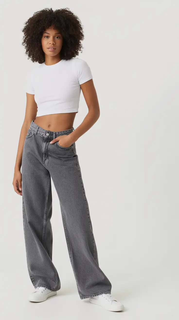 spring jeans outfit 2026 Crisp White and Wide-Leg Gray Denim for Spring Movement