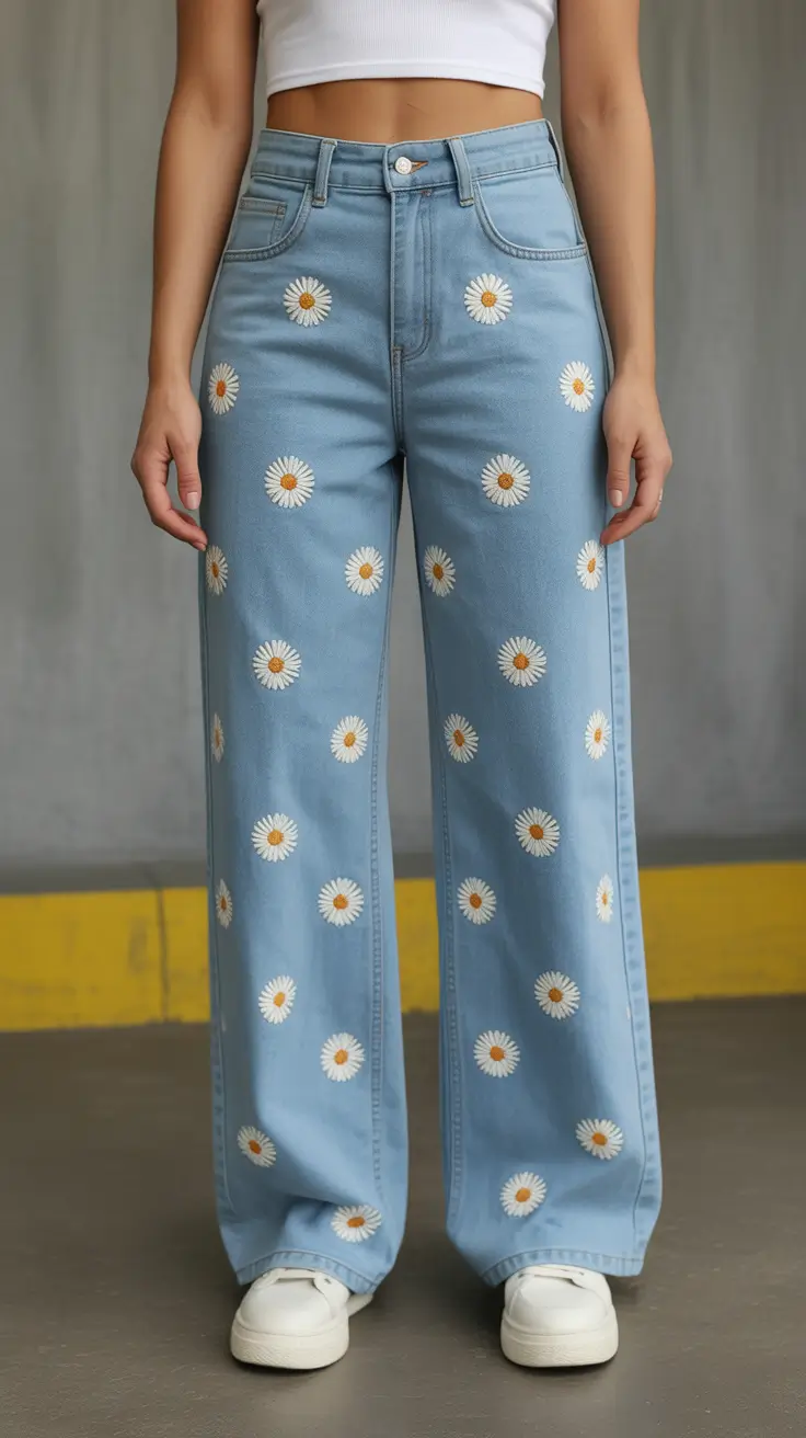 spring jeans outfit 2026 Floral Playfulness With Daisy-Printed Denim