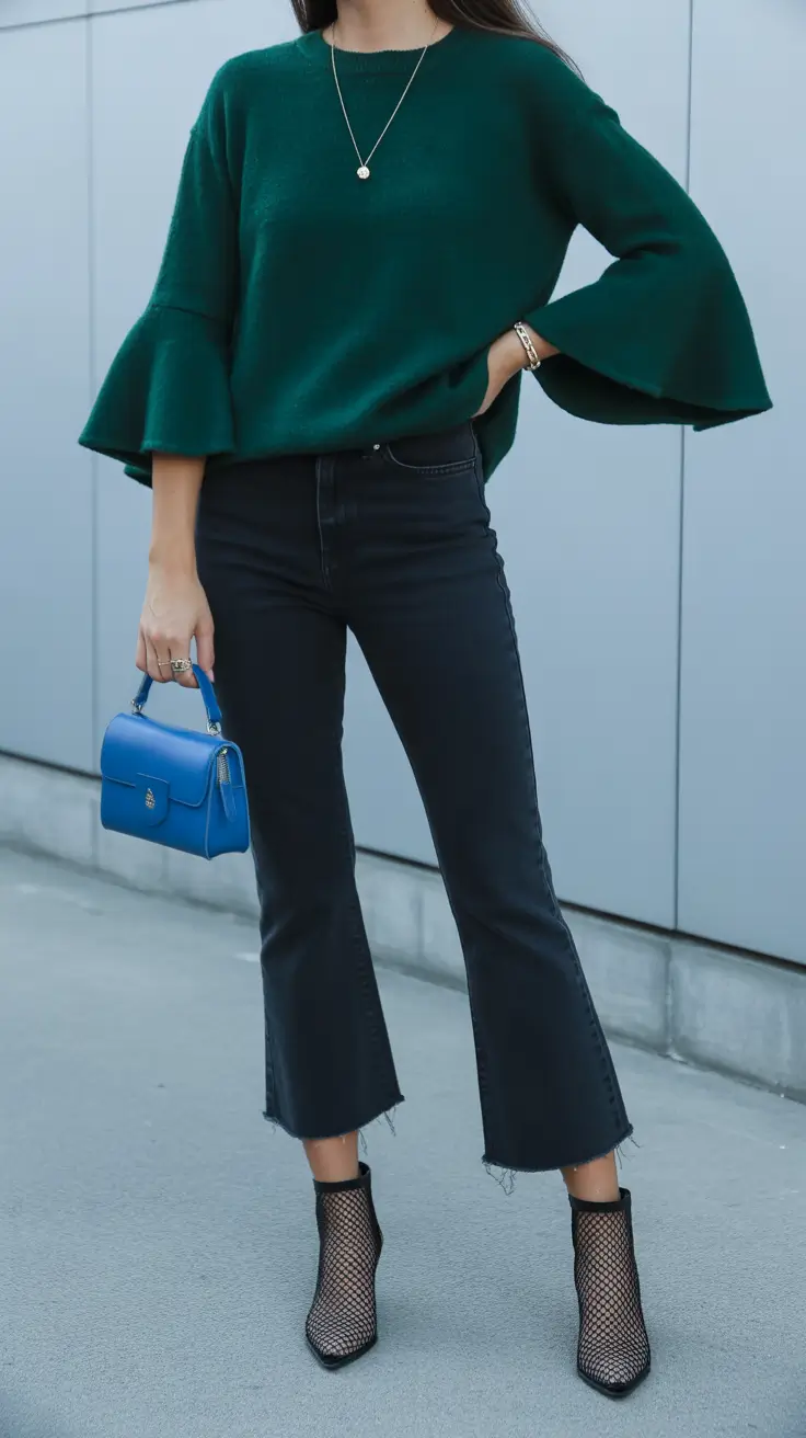 spring jeans outfit 2026 Elegant Deep-Green Knit With Black Cropped Denim