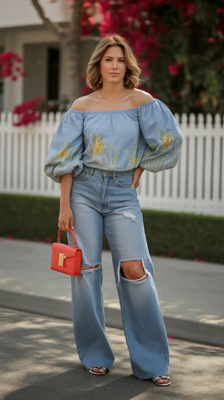 spring jeans outfit 2026 Romantic Volume With Ripped Wide-Leg Denim