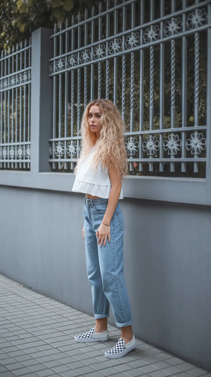 spring jeans outfit 2026 Soft White Layers With Relaxed Blue Denim