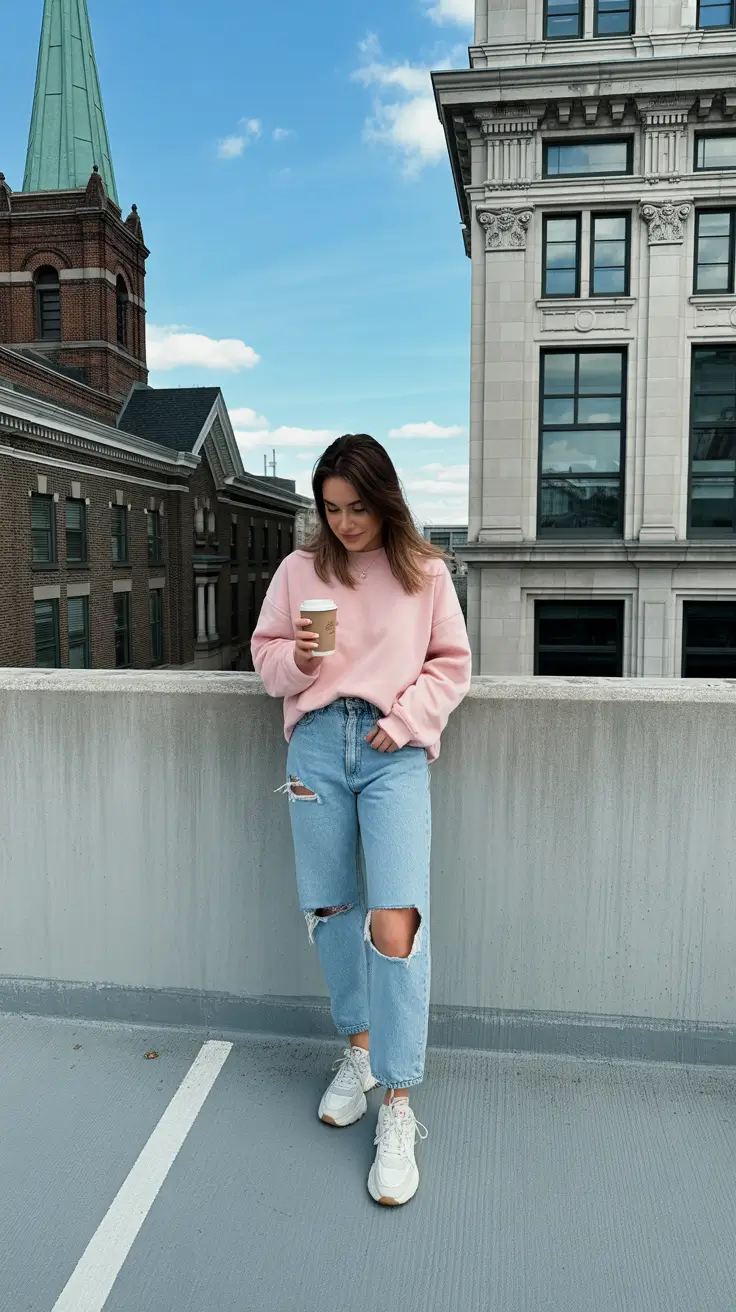 spring jeans outfit 2026 Pastel Comfort With Light Ripped Denim