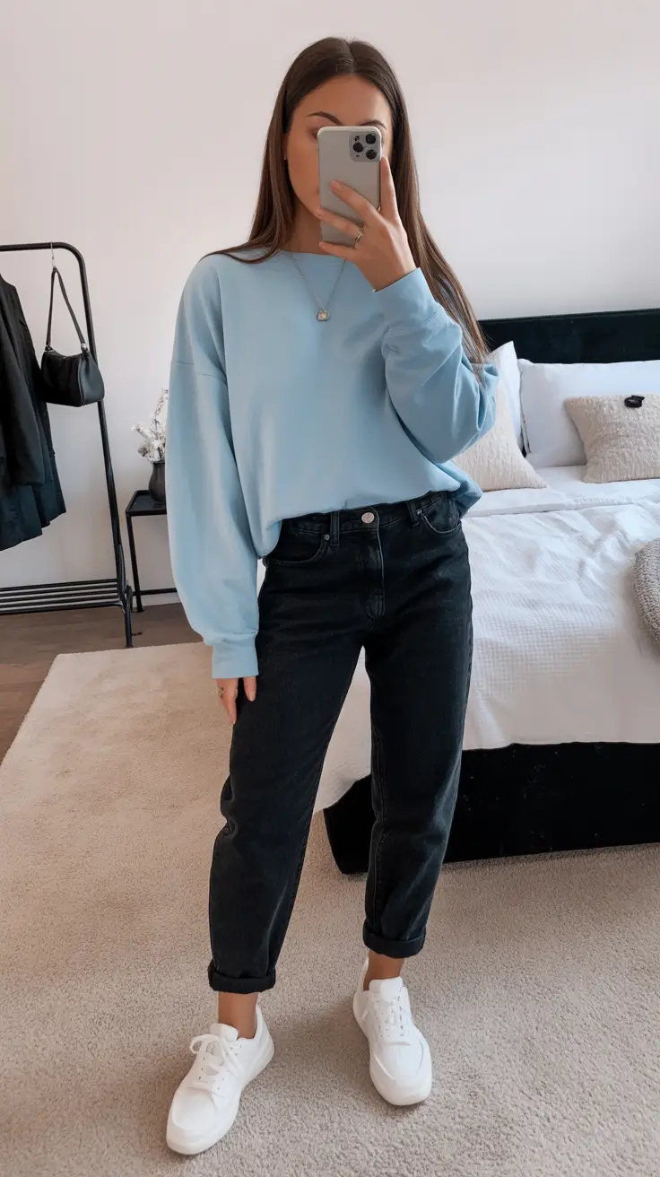 spring jeans outfit 2026 Soft Baby-Blue Layers With Deep-Black Denim