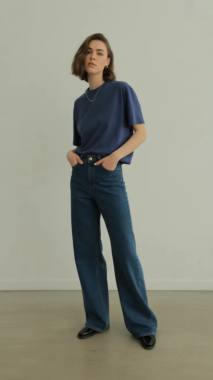 spring jeans outfit 2026 Effortless Navy Monochrome With Relaxed Wide-Leg Denim
