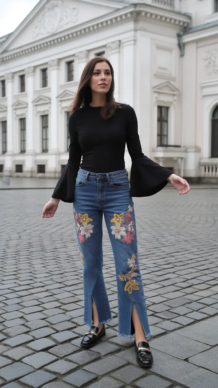 spring jeans outfit 2026 Embroidered Elegance With Split-Hem Denim
