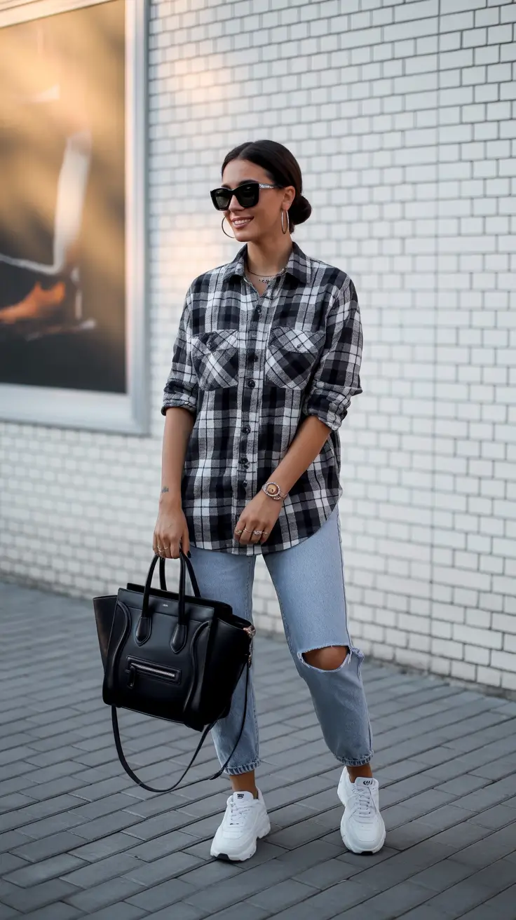 spring jeans outfit 2026 Light Ripped Denim With Structured Plaid Contrast