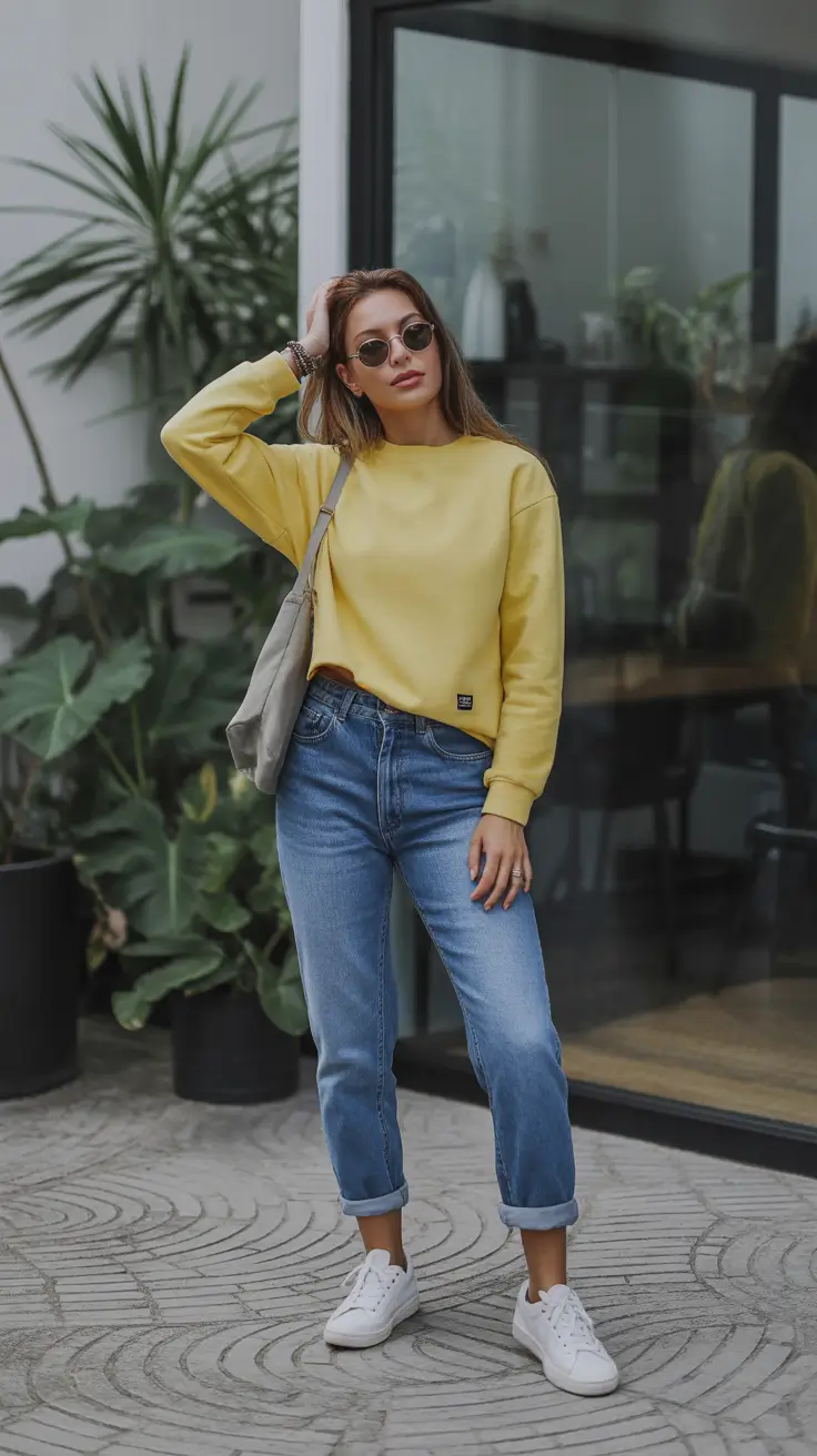 spring jeans outfit 2026 Sporty Yellow Minimalism With a Clean Denim Base