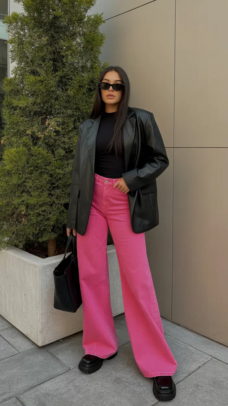 spring jeans outfit 2026 Bold Pink Denim for a Confident Spring Twist