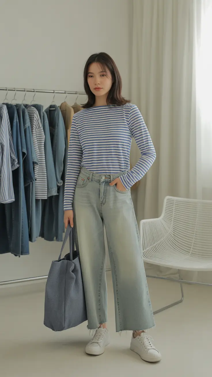 spring jeans outfit 2026 Striped Minimalism With Soft Wide-Leg Denim