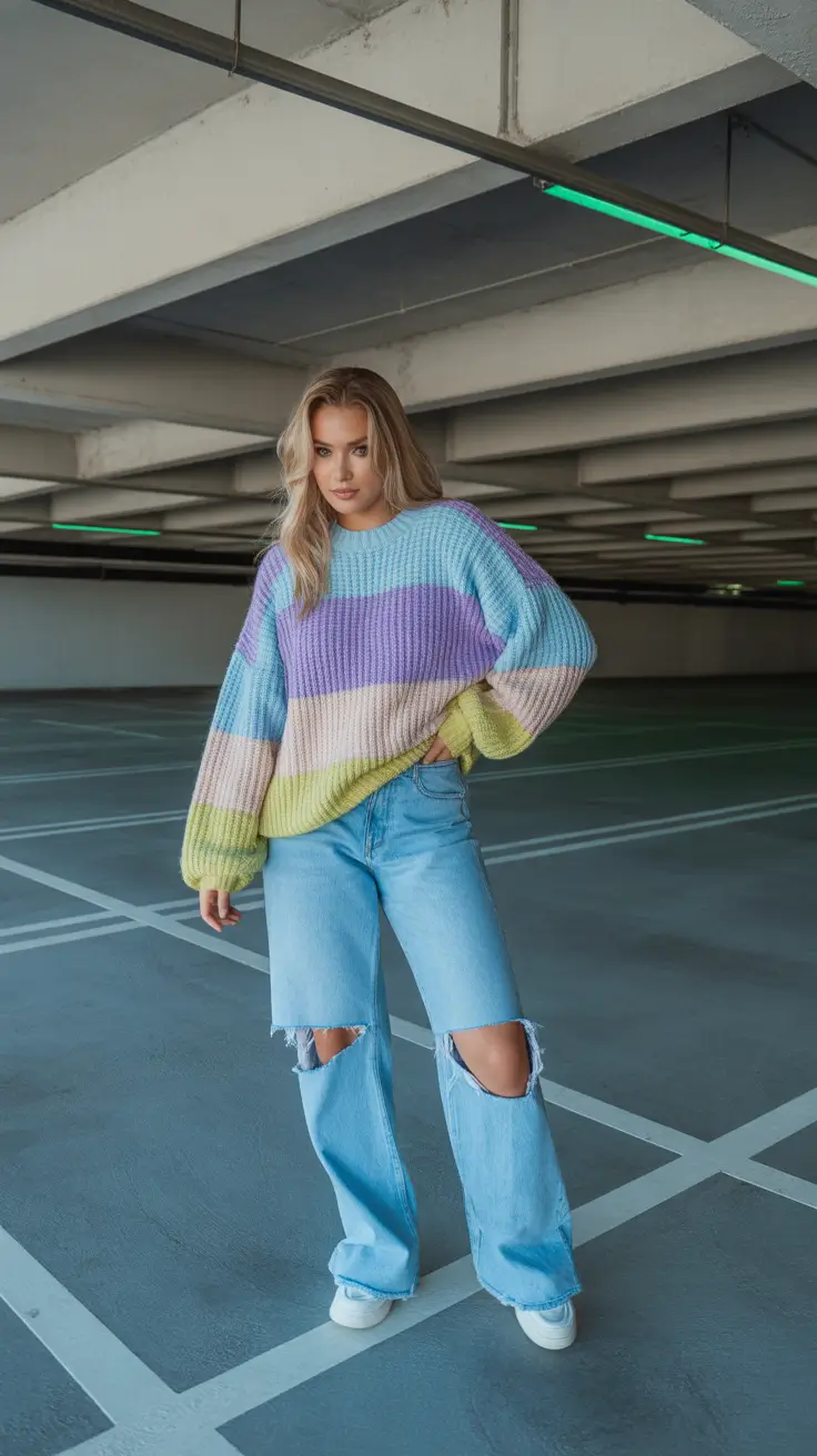 spring jeans outfit 2026 Pastel Knit Energy With Soft Ripped Denim