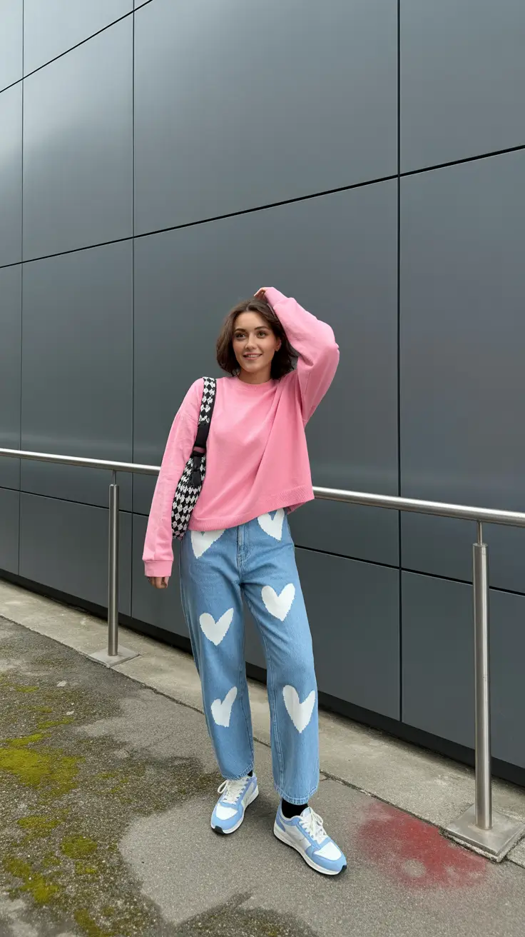 spring jeans outfit 2026 Playful Pink and Heart-Printed Denim