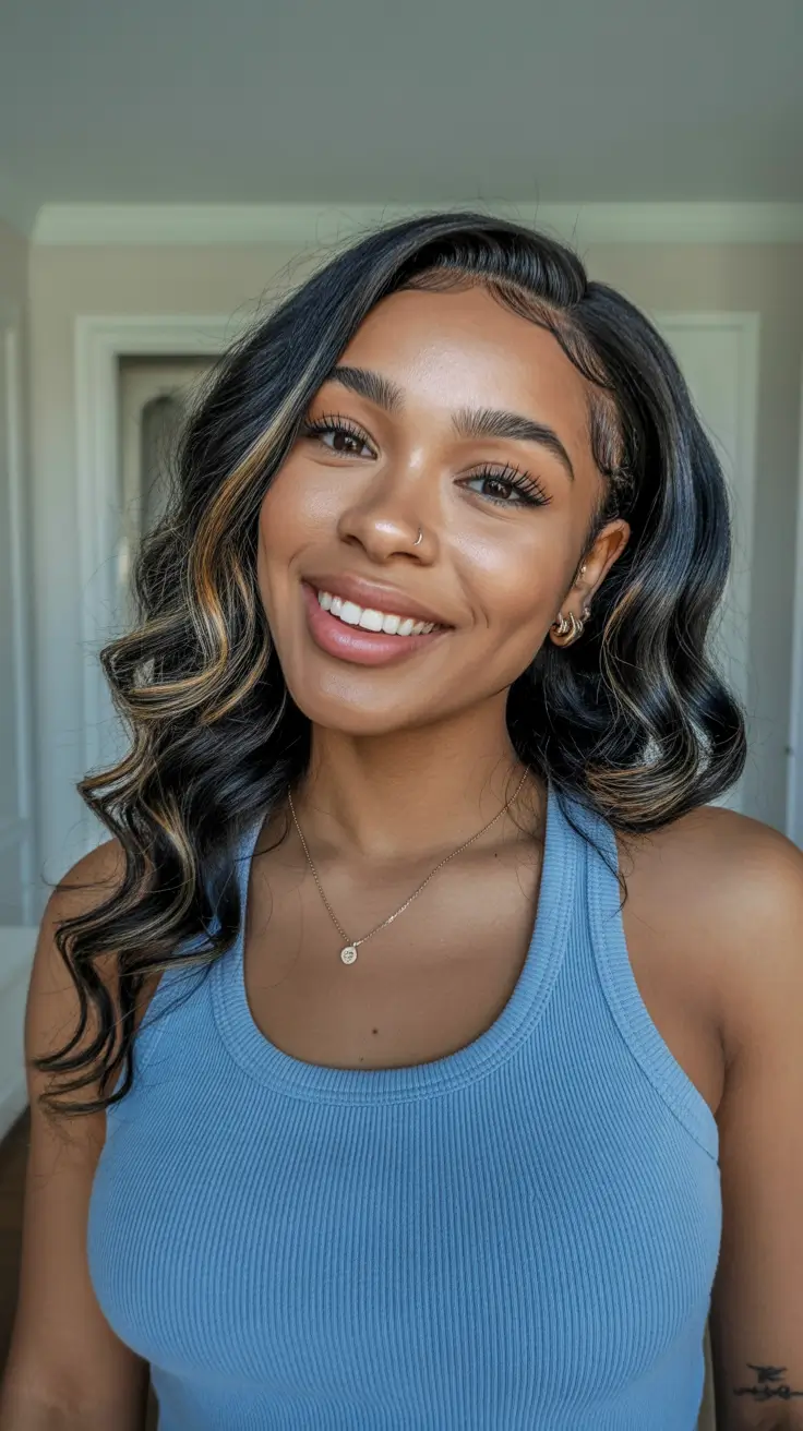 sophisticated spring hairstyle for black women 2026 Glossy Waves with Subtle Golden Dimension