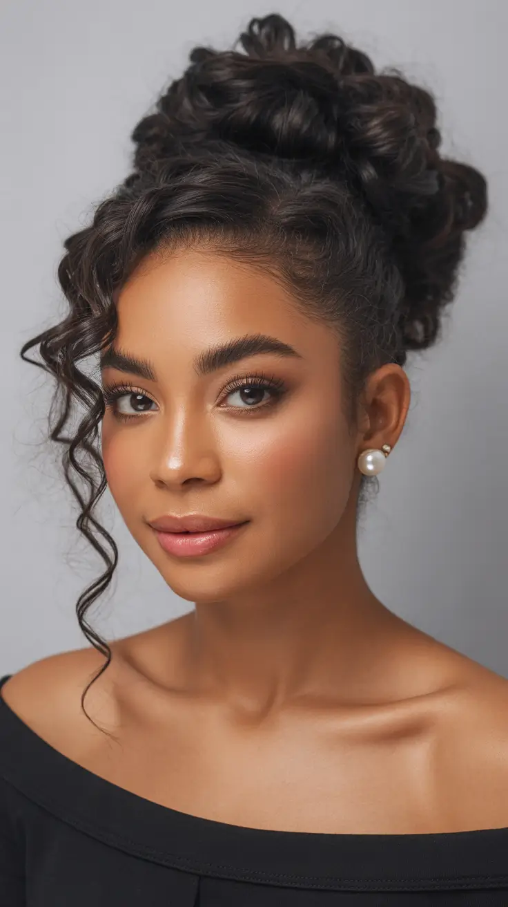 sophisticated spring hairstyle for black women 2026 Textured Updo with Romantic Tendrils