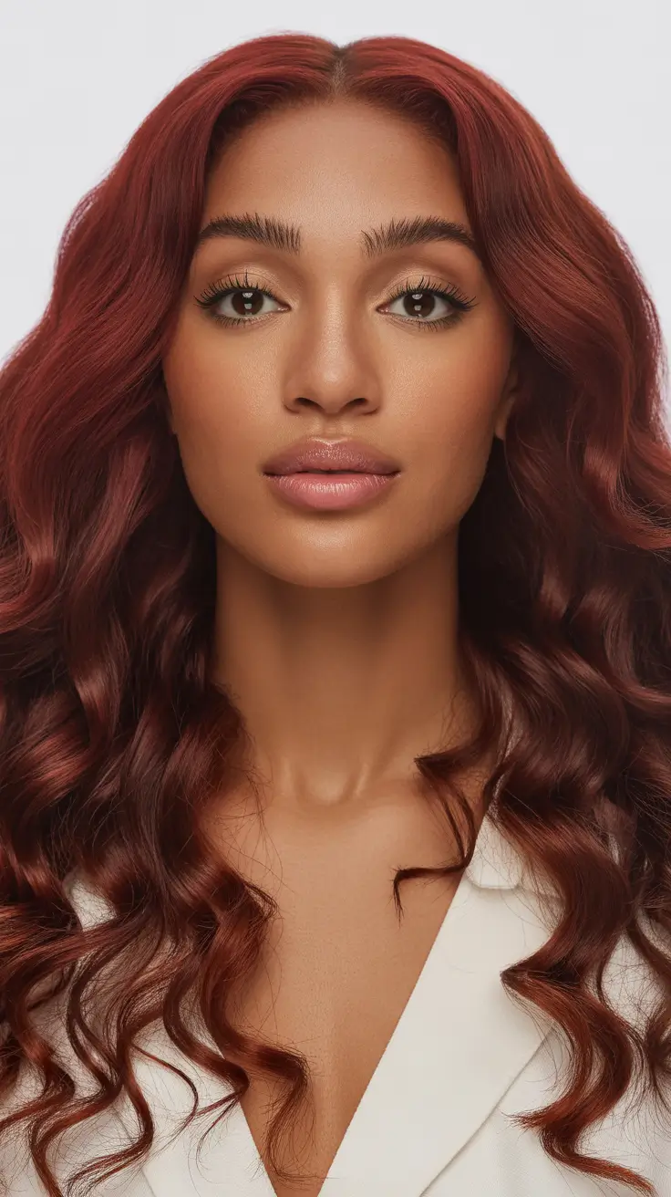 sophisticated spring hairstyle for black women 2026 Rich Auburn Waves with a Clean Center Part