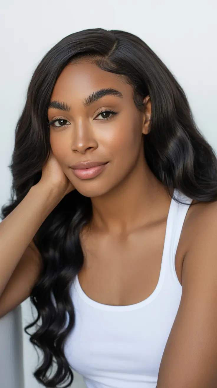 sophisticated spring hairstyle for black women 2026 Classic Glossy Black Waves with a Deep Side Part