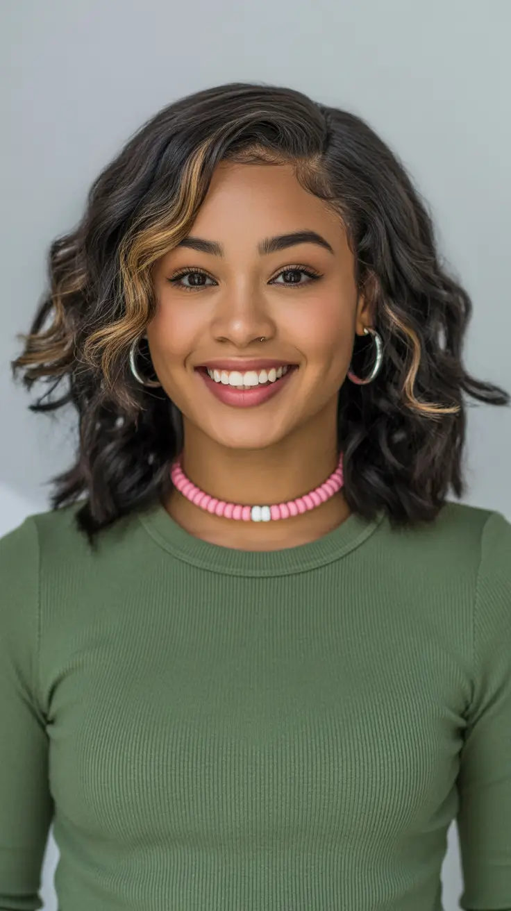 sophisticated spring hairstyle for black women 2026 Soft Curly Bob with Warm Face-Framing Highlights