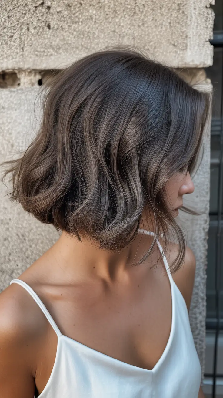 vibrant spring brown hair color 2026 Soft Taupe Brunette Wavy Bob with Airy Dimension