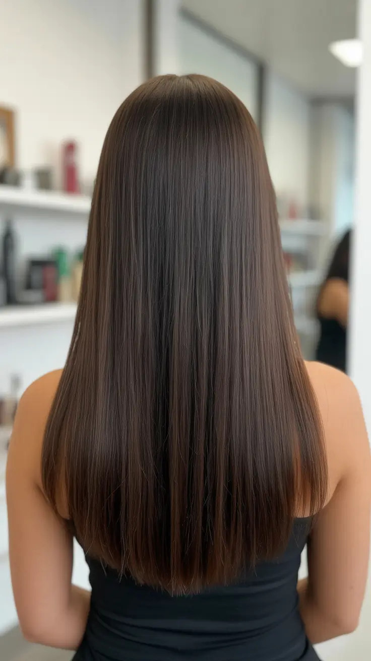 vibrant spring brown hair color 2026 Silken Deep Brunette Lengths with Subtle Warm Undertone