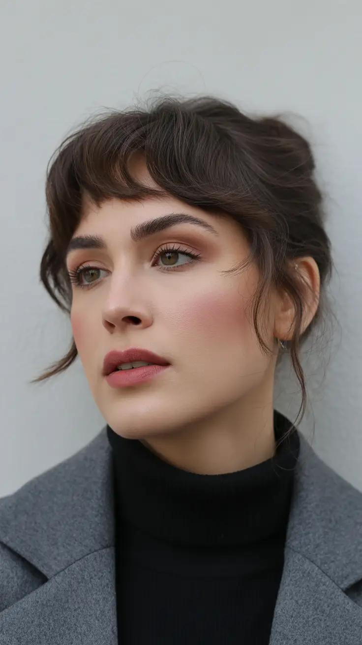 vibrant spring brown hair color 2026 Soft Brunette Fringe with Romantic Updo Depth