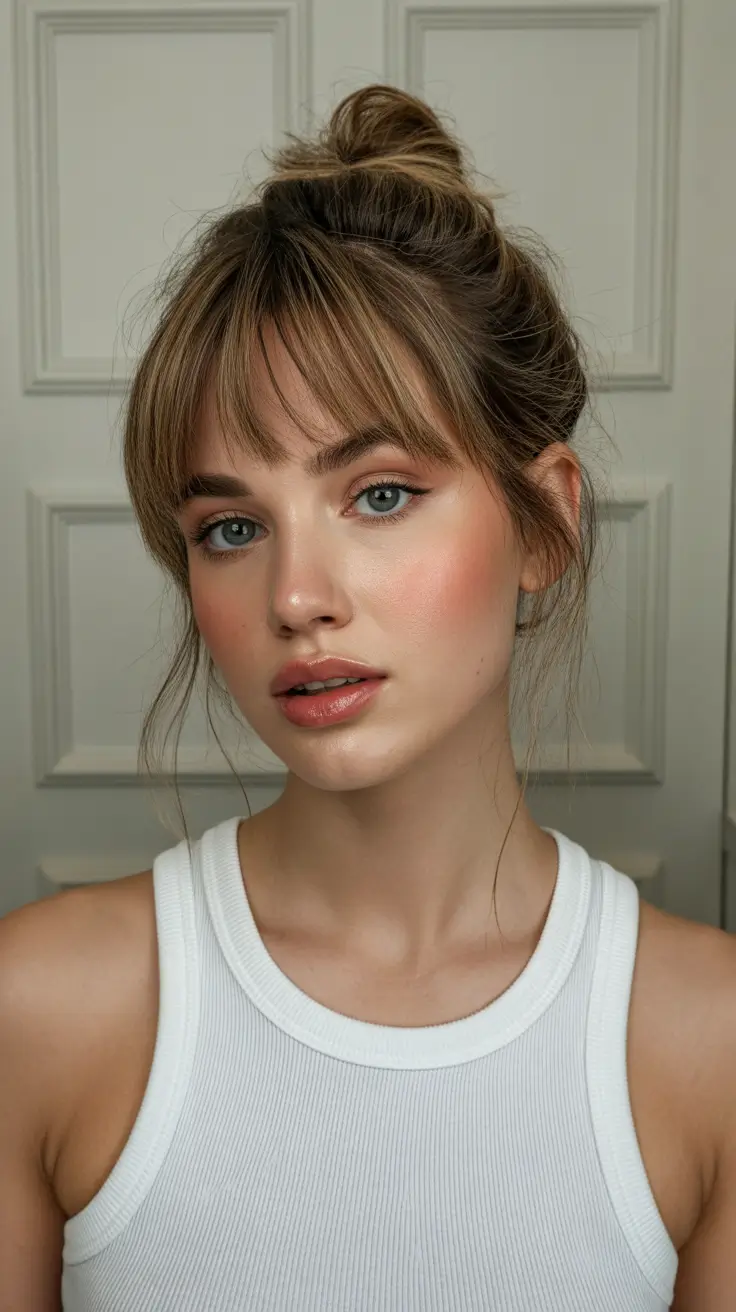 vibrant spring brown hair color 2026 Light Honey Brunette Topknot with Soft Face Ribbons