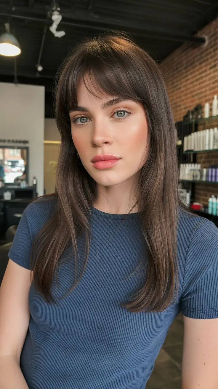 vibrant spring brown hair color 2026 Layered Brunette with Airy Curtain Fringe