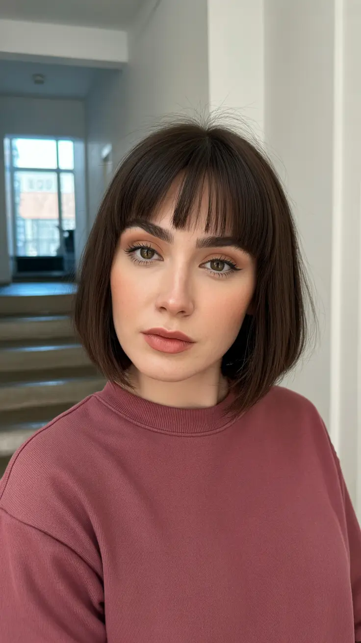 vibrant spring brown hair color 2026 Soft Brunette Micro Bob with Feathered Fringe