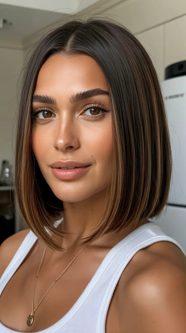 vibrant spring brown hair color 2026 Dimensional Brunette Contour Bob with Fine Highlights